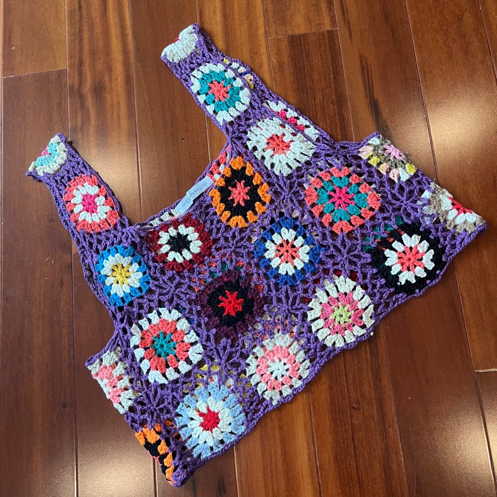 Purple Tank Crochet Granny Square Miss Sparkling Multi Color Crop Top Size XL